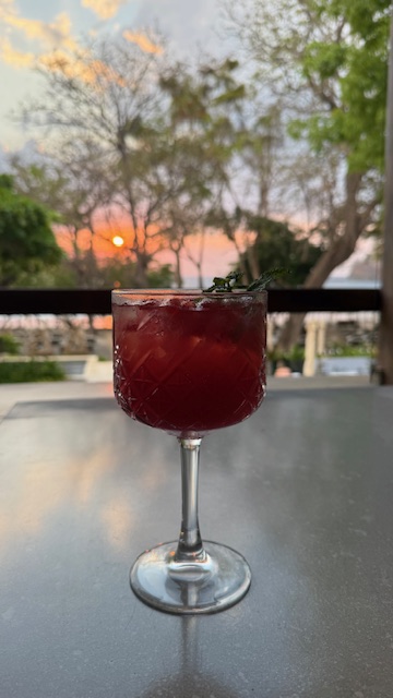 Watermelon drink with sunset view in background